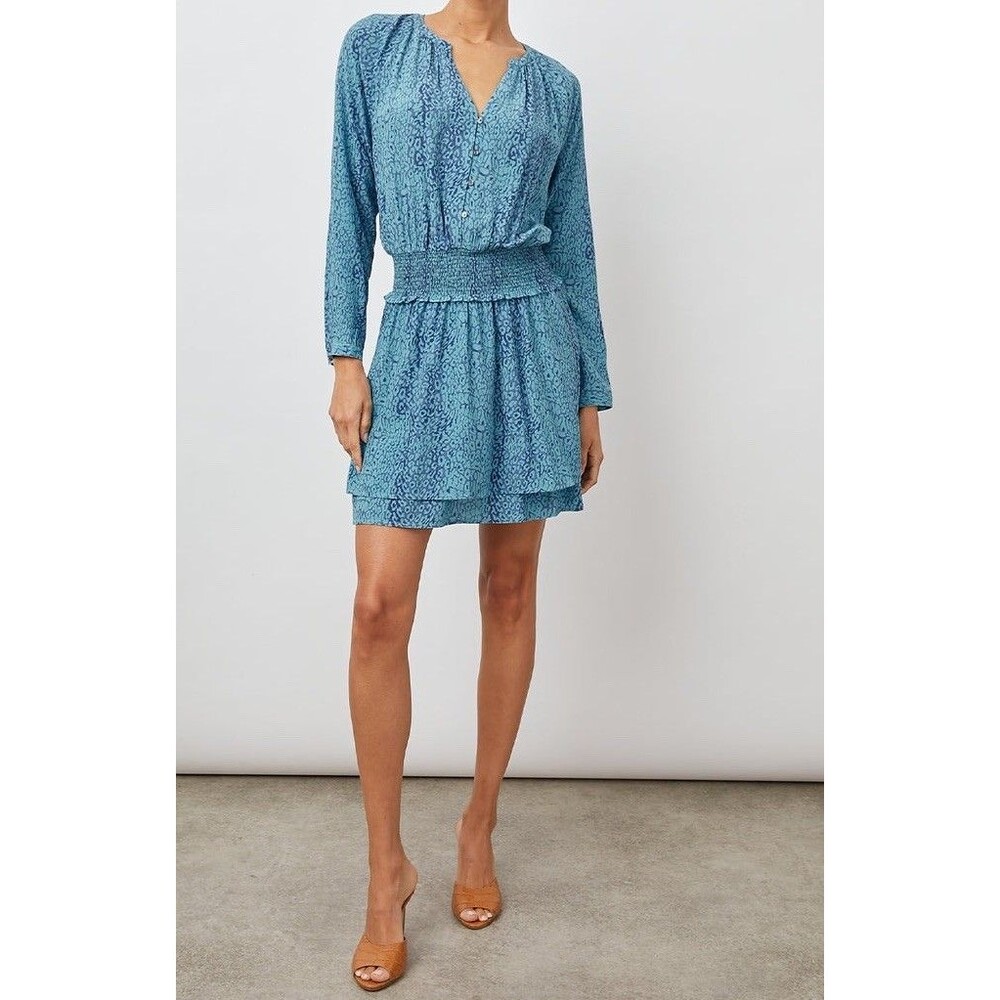 RAILS Zana‎ Blue Havana Long Sleeve Smock Waist Dress Petite SMALL 927-152-6084